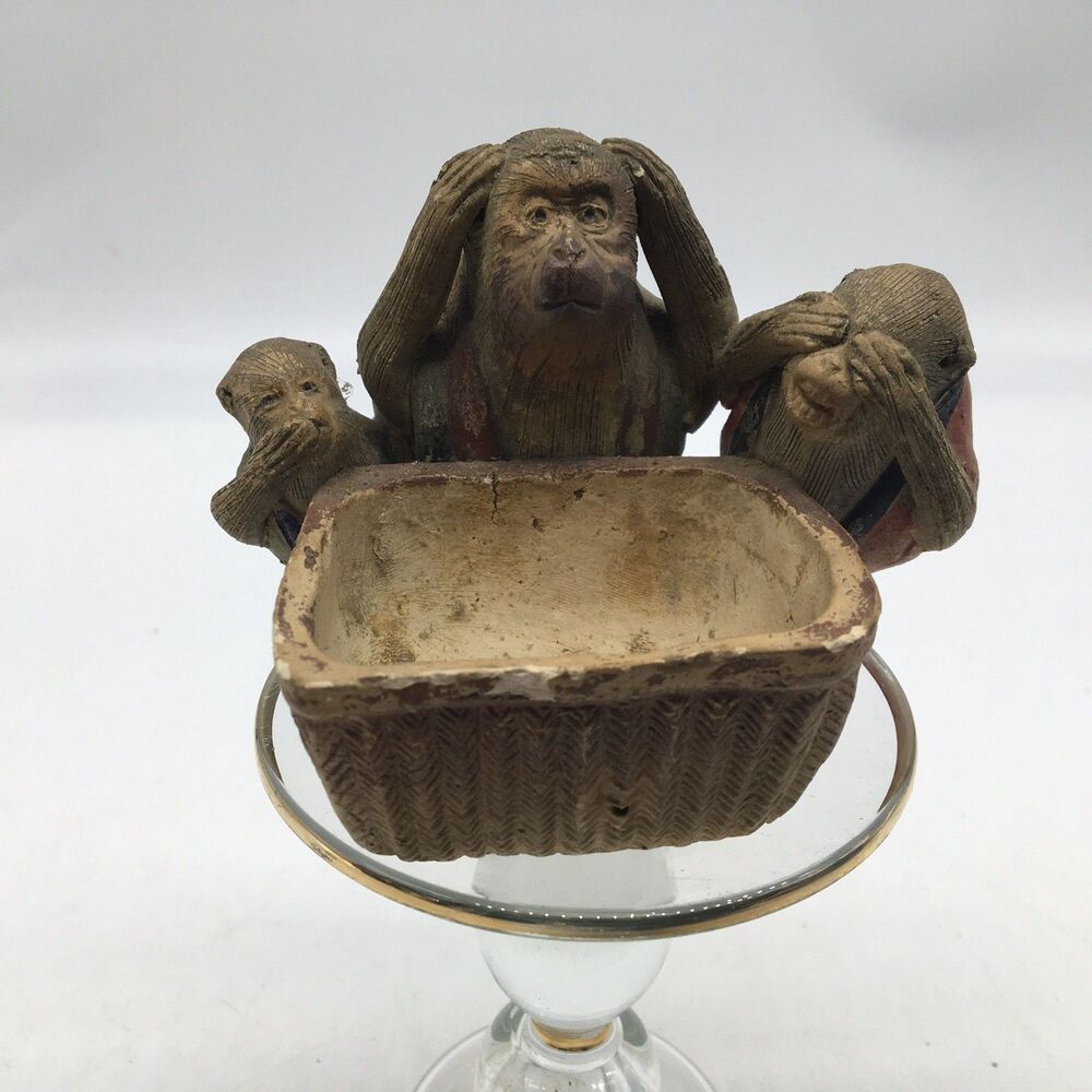 Antique 3 Wise Monkeys Figurine Vessel Japan Sumida Gawa Banko Ware Style 3”x4”
